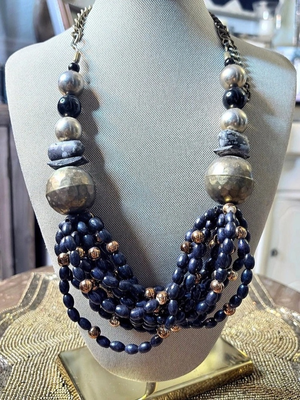 Layered Lightweight Beaded Statement Necklace in Black & Gold
